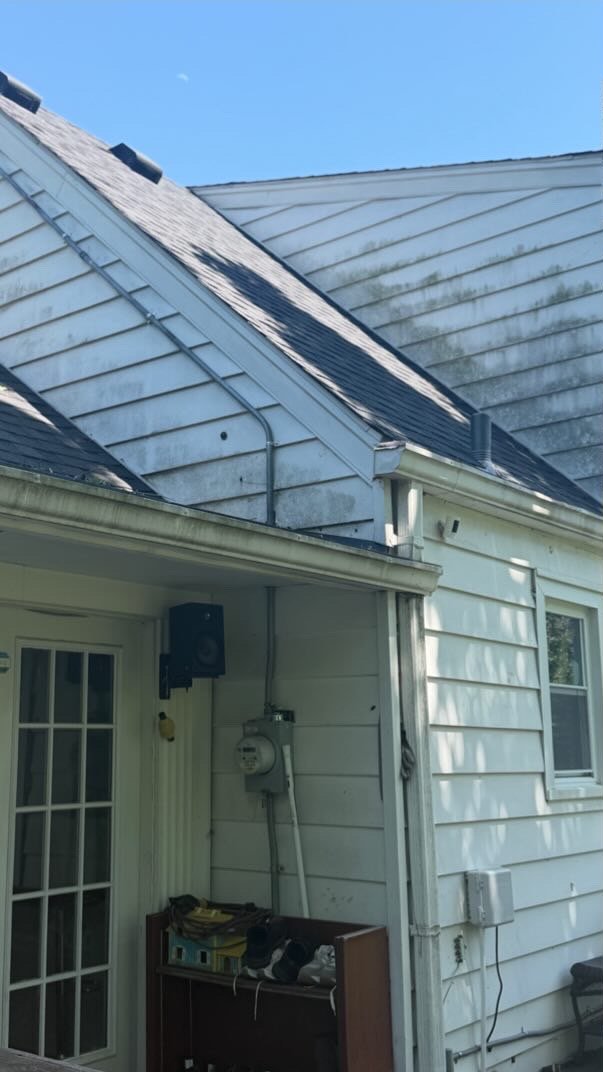 Home roof and siding with algae streaks before soft washing